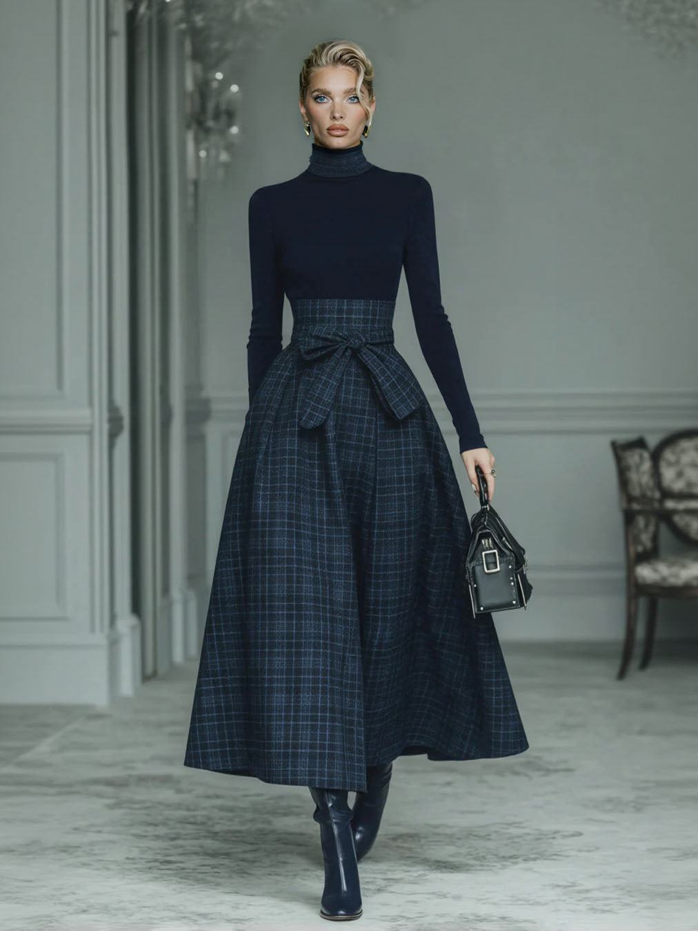 Exquisite High-neck Stretch Top And Plaid Skirt Two-piece Set