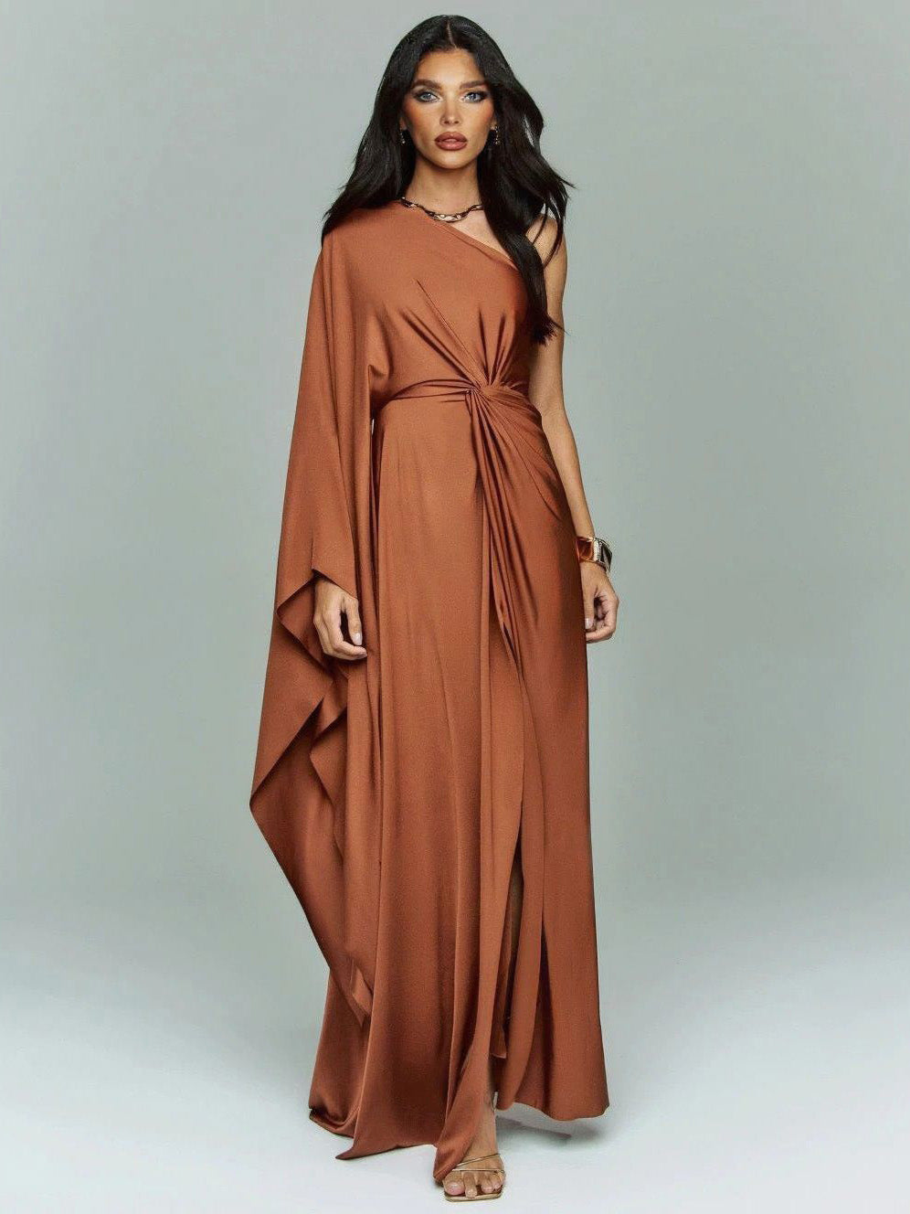 Elegant Asymmetrical Satin Draped Maxi Dress