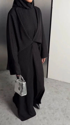 Black Pinstripe Long Sleeve Twist Front Abaya Maxi Dress with Wide Cut [erp-image:eb5b3e4b1e7a2efc95d677fc]