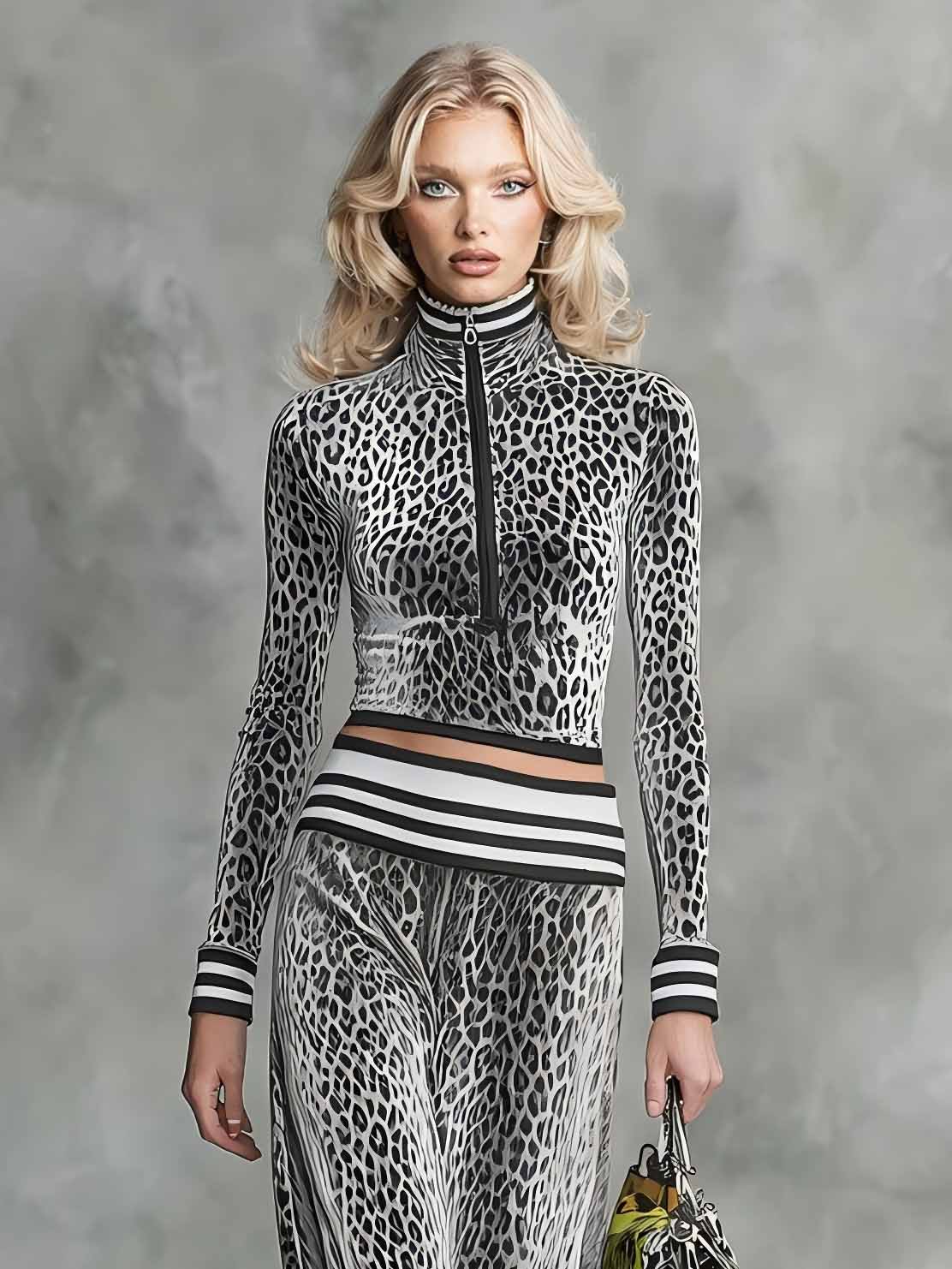 Retro Stand-Up Collar Leopard Print Velvet Top & Maxi Skirt Set