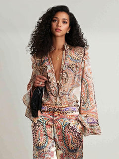 Exquisite Vintage Paisley Print Ruffled Shirt