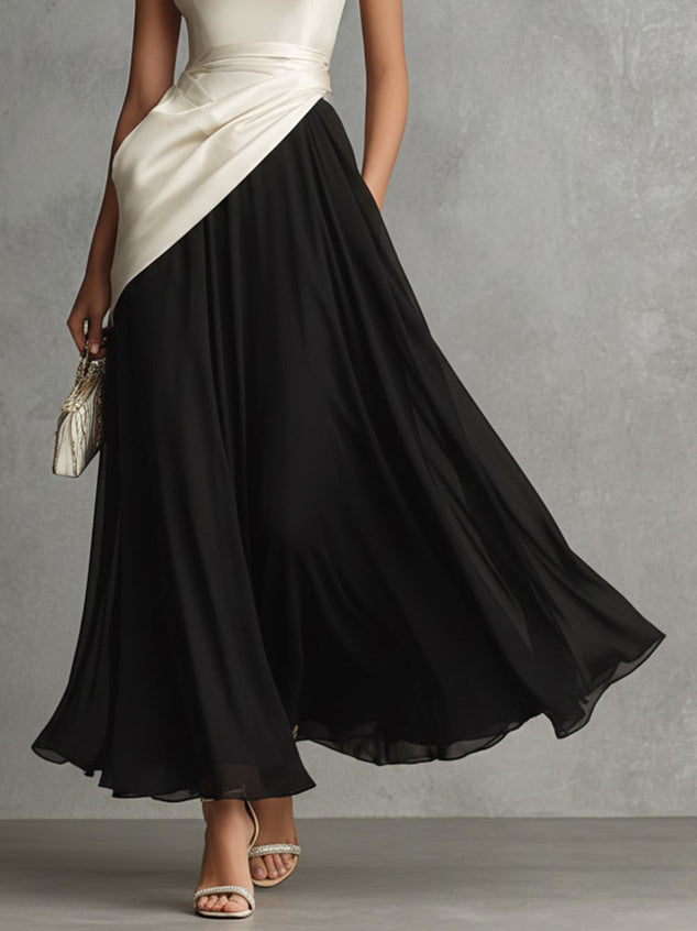 Elegant Color-Block Strapless Satin Maxi Dress