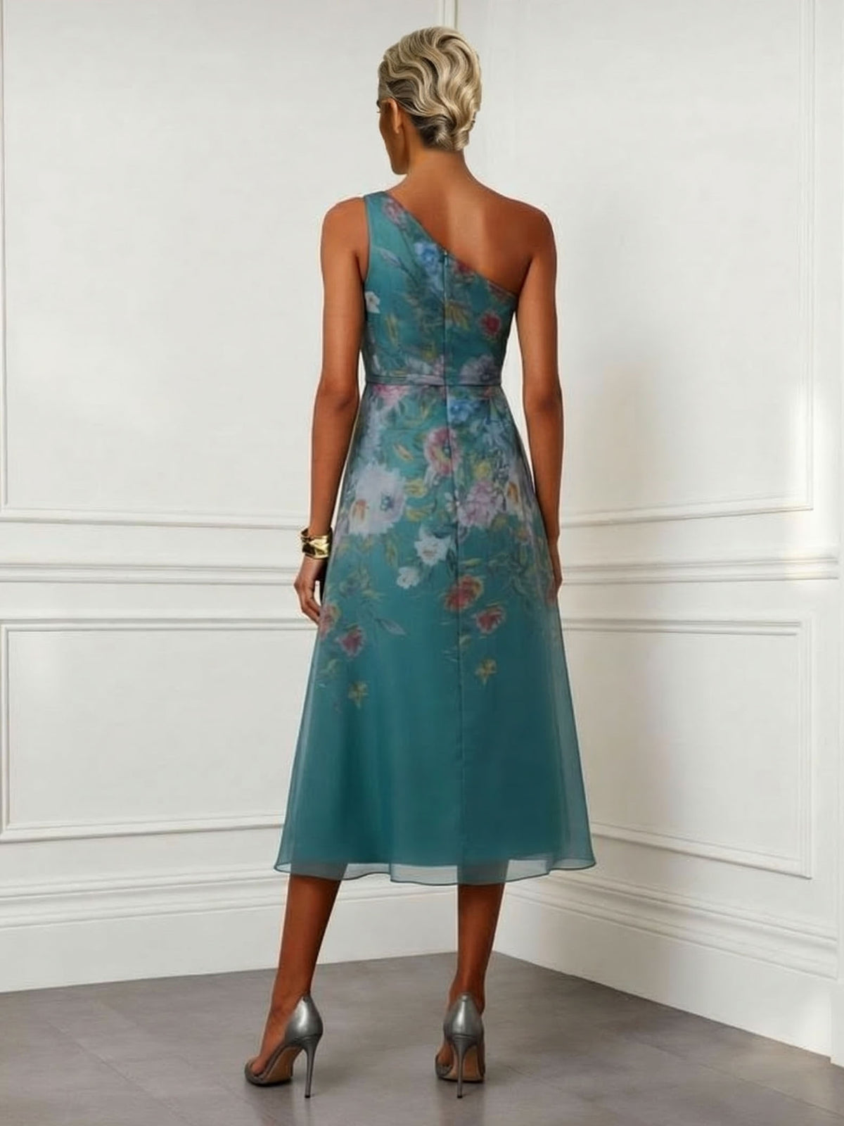 Elegant Floral Print One-Shoulder Tulle Midi Dress
