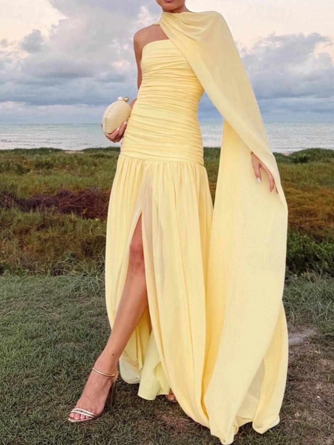 Shawl Ribbon Pleated Maxi Dress