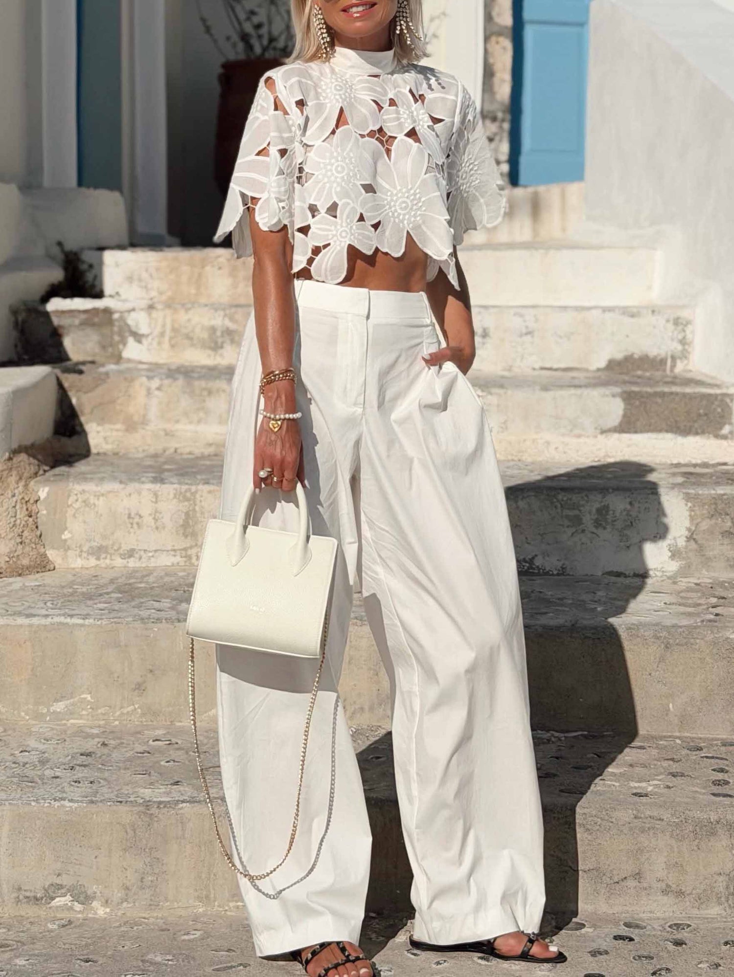 Exquisite Floral Lace Cutwork Crop Top & Wide-Leg Pants Two-Piece Set