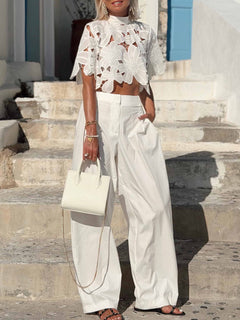 Exquisite Floral Lace Cutwork Crop Top & Wide-Leg Pants Two-Piece Set