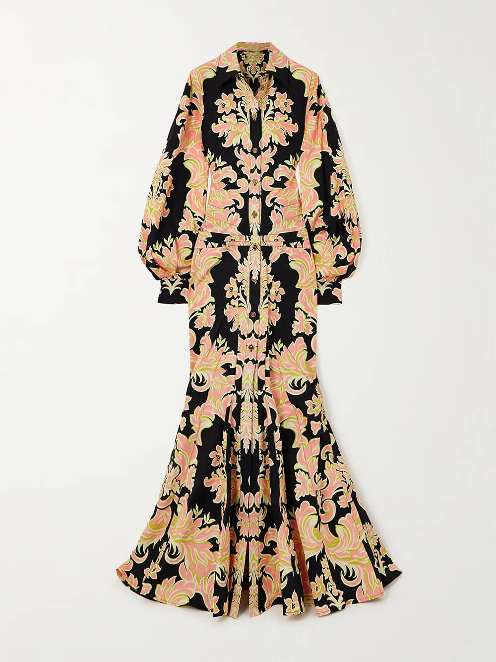 Retro Ethnic Print Satin Flounce Hem Maxi Dress
