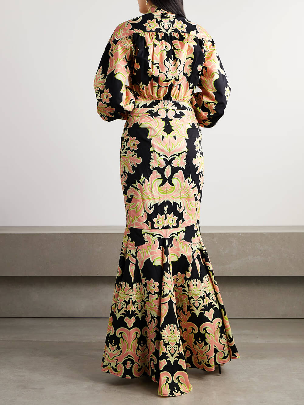 Retro Ethnic Print Satin Flounce Hem Maxi Dress