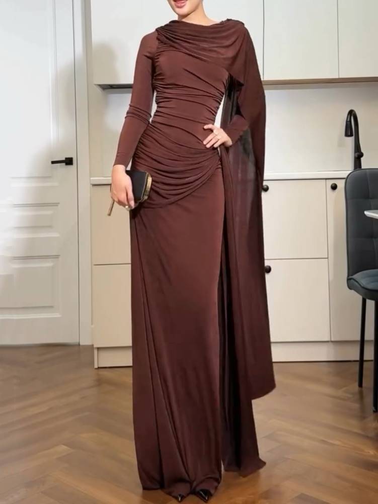 Irregular Shawl Ribbon Pleated Maxi Dress