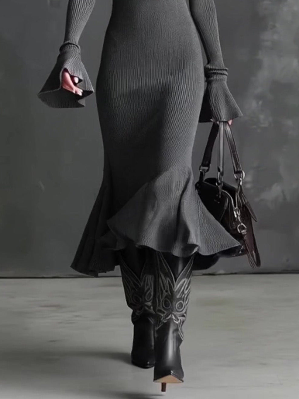 Casual Square Neck Zipper Fishtail Knit Midi Dress
