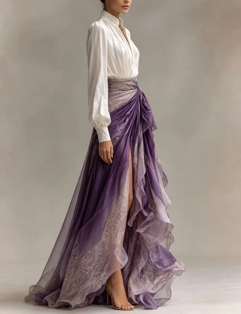 Two-piece Embroidered Satin Shirt With Vertical Collar Gradient Purple Kink Split Floating Dress