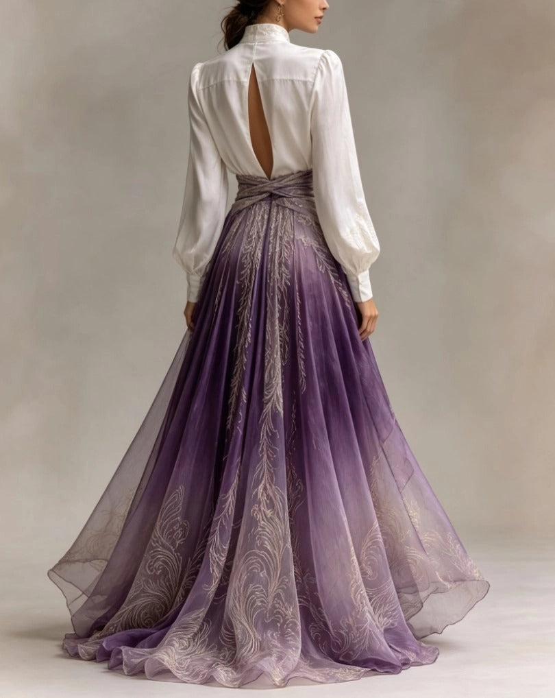Two-piece Embroidered Satin Shirt With Vertical Collar Gradient Purple Kink Split Floating Dress