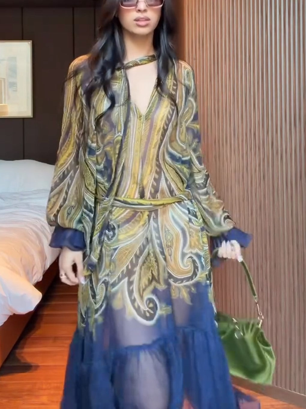 Vintage Paisley Print Chiffon Maxi Dress Sheer Ruffled Long Sleeve Bohemian Dress
