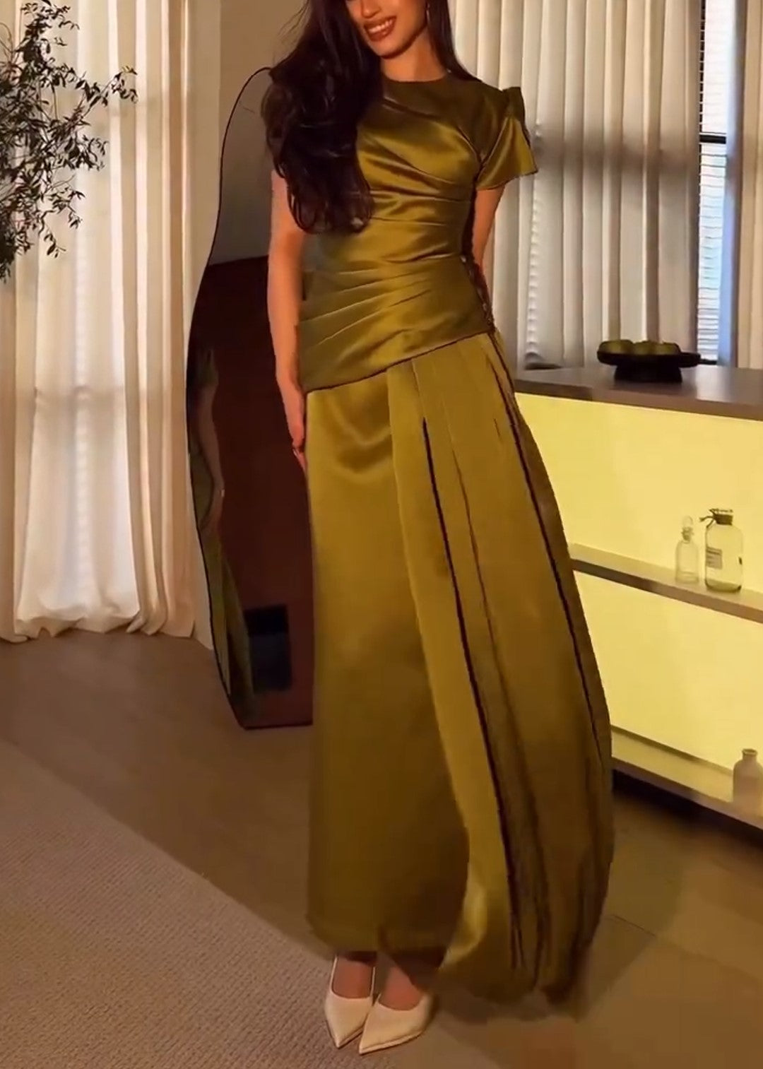 Olive Green Satin Ruched Maxi Dress Short Sleeve Formal Gown