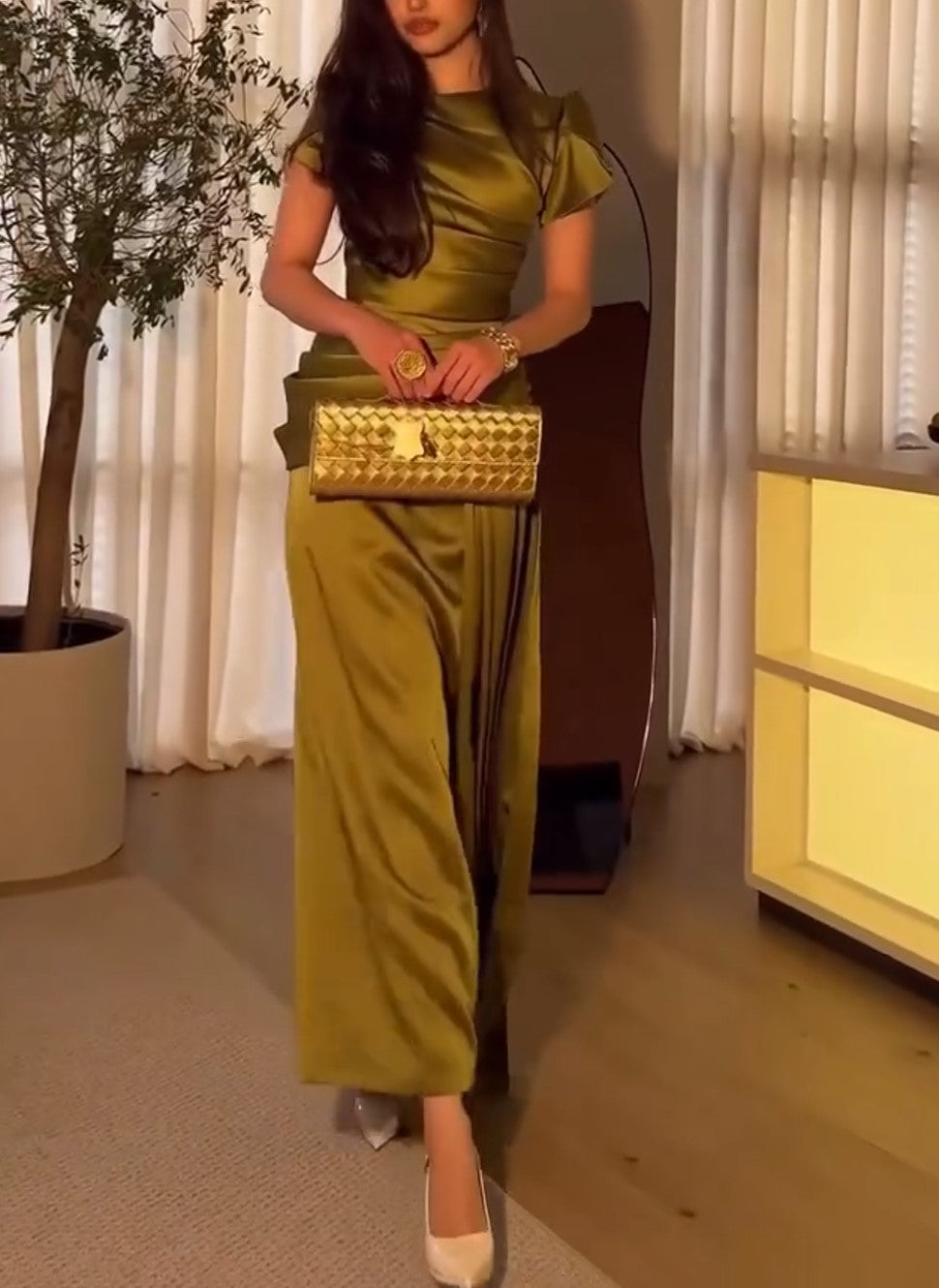 Olive Green Satin Ruched Maxi Dress Short Sleeve Formal Gown