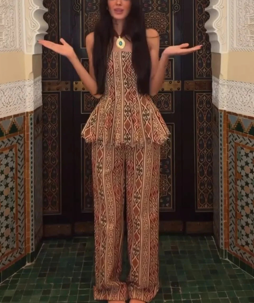 Geometric Print Strapless Peplum Corset Top and Wide Leg Pants Two Piece Set