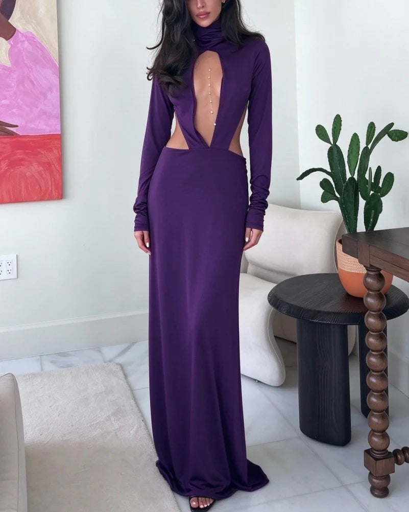 Purple High Neck Deep Plunge Cutout Long Sleeve Evening Maxi Dress [erp-image:9aa37614918e7b340f7319c6]