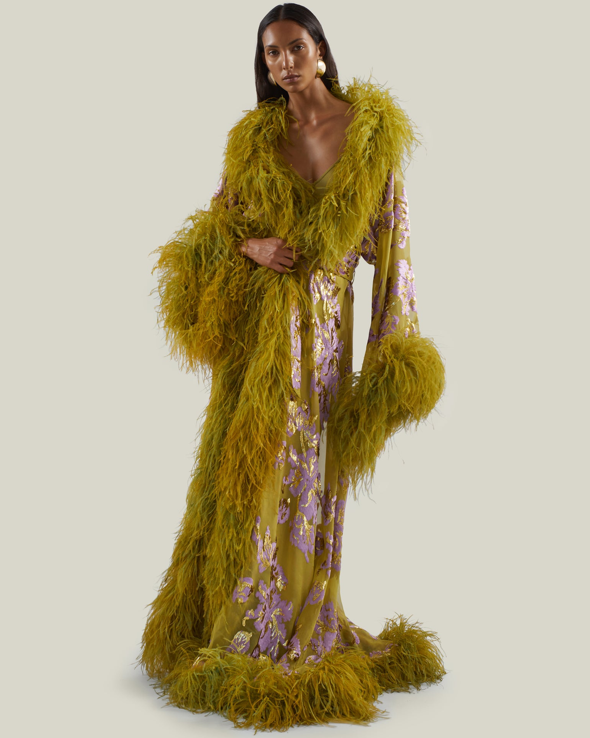 Sheer Floral Sequin Print Long Robe With Faux Feather Trim, Flare Sleeve Maxi Cover Up Gown