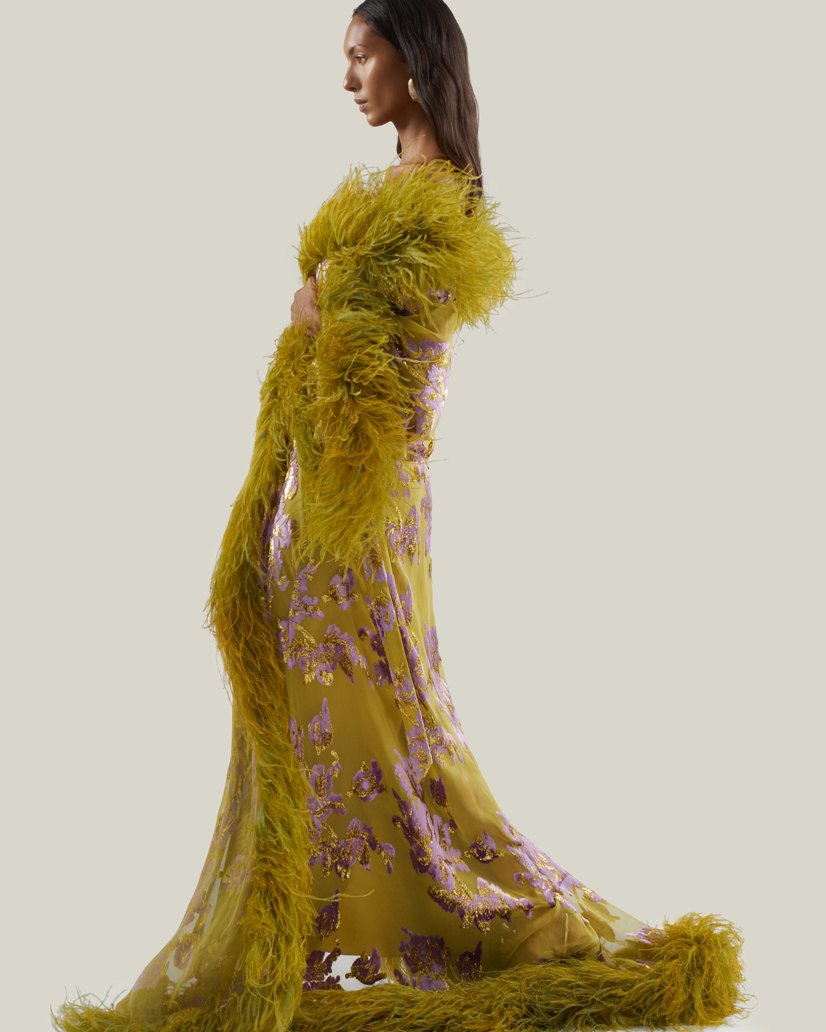 Sheer Floral Sequin Print Long Robe With Faux Feather Trim, Flare Sleeve Maxi Cover Up Gown