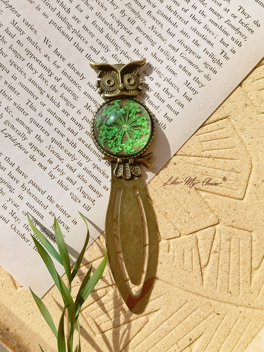 Queen Anne Lace Floral Owl Bronze Bookmark