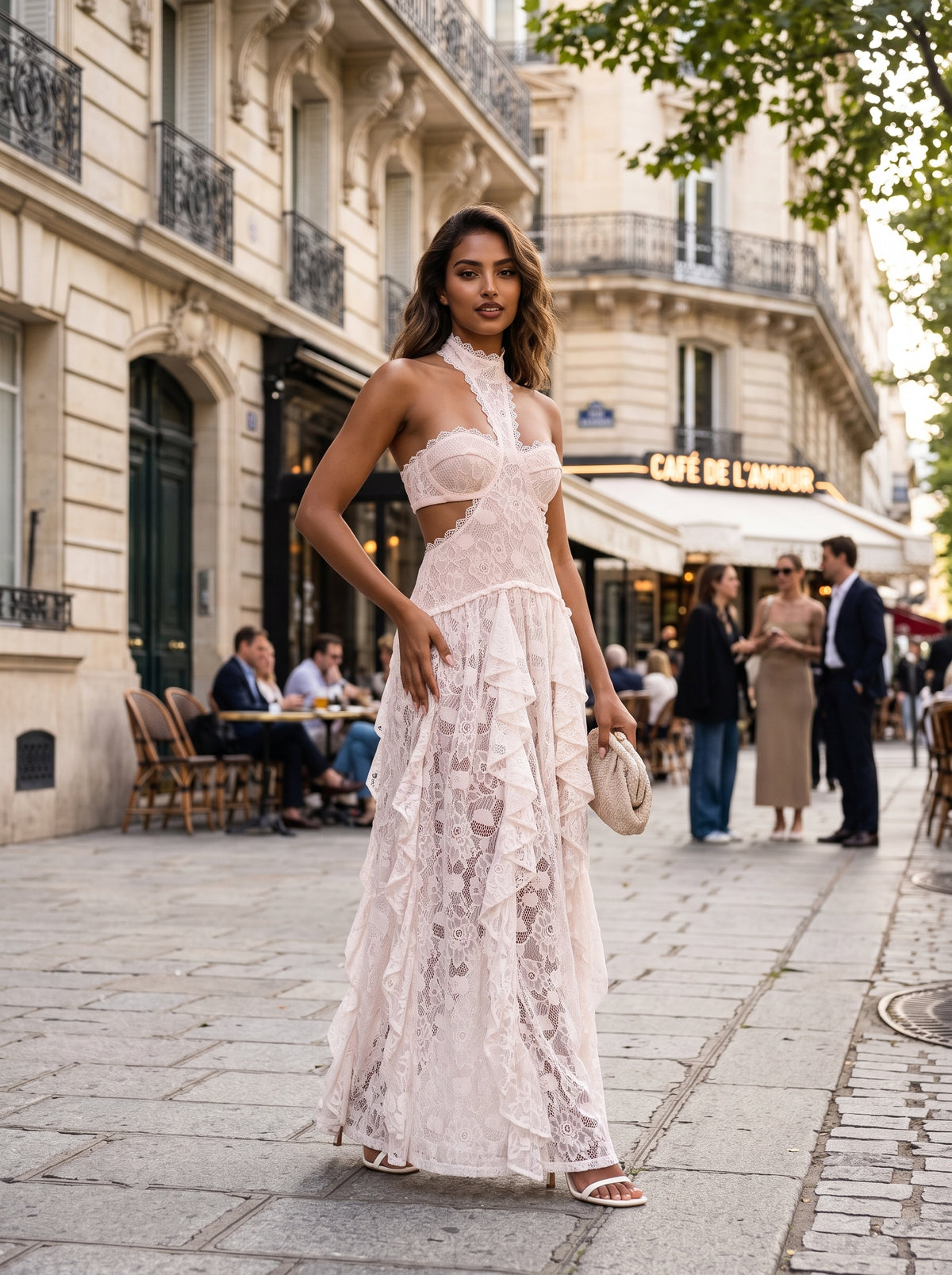 Delicate Lace High-Neck Cut-Out Ruffle Maxi Dress