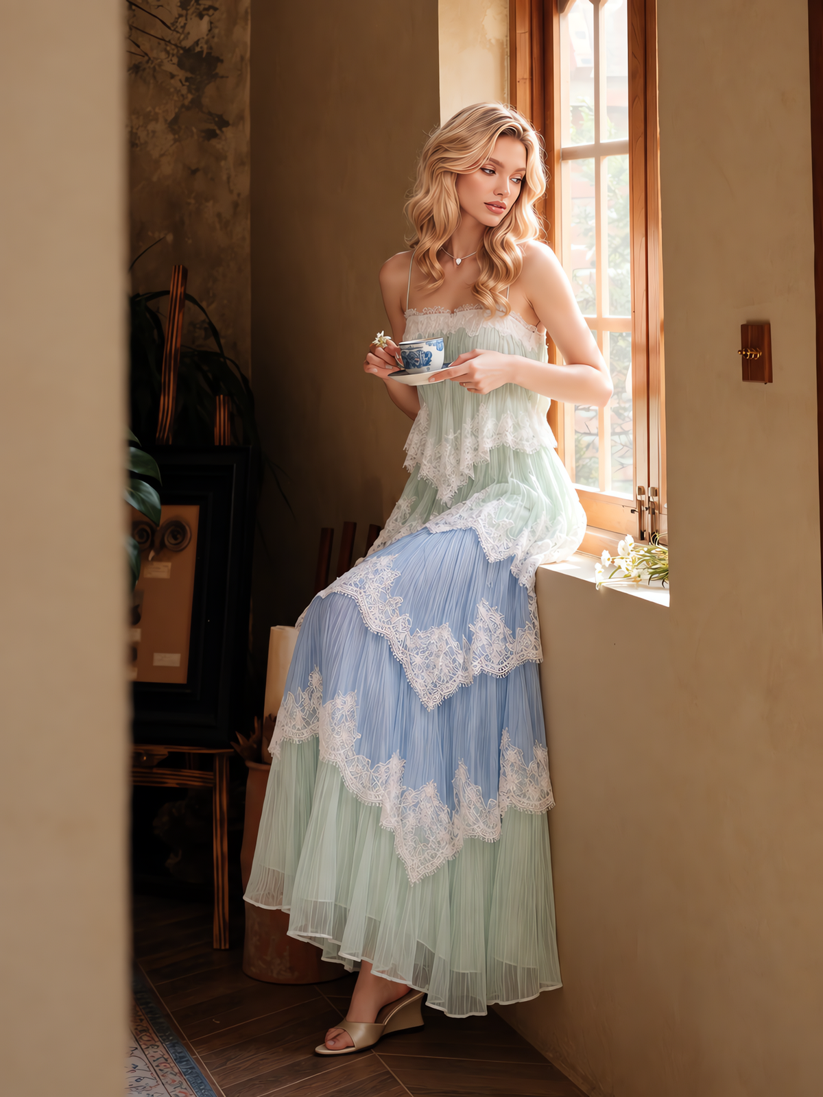 Ombre Tiered Lace Trim Spaghetti Strap Maxi Dress