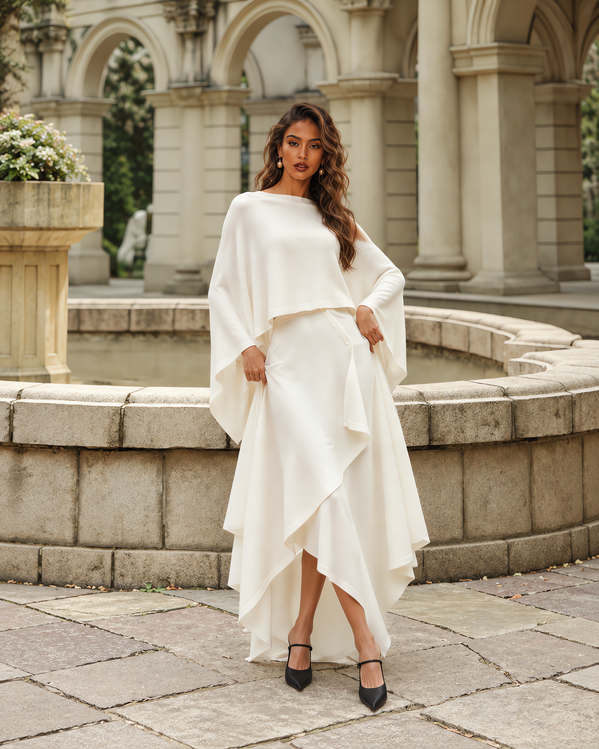 Draped Cape Top & Asymmetric Midi Skirt Two Piece Set