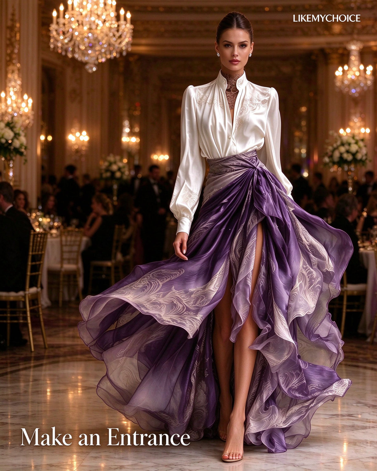 Two-piece Embroidered Satin Shirt With Vertical Collar Gradient Purple Kink Split Floating Dress