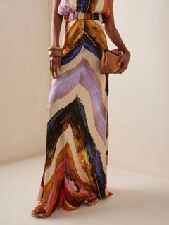 Elegant Abstract Print Tank Top And Maxi Skirt Set