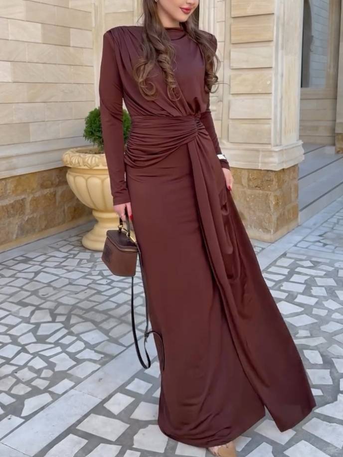 Wide Shoulder Pleated Hem Slit Maxi Dress