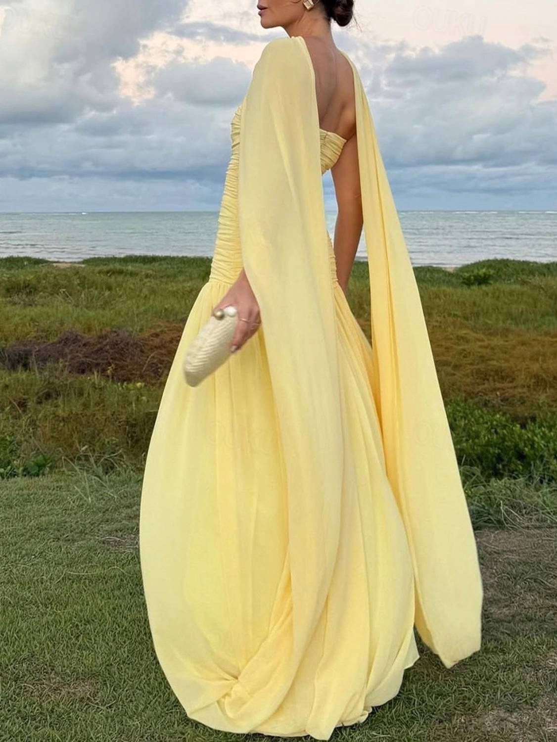 Shawl Ribbon Pleated Maxi Dress