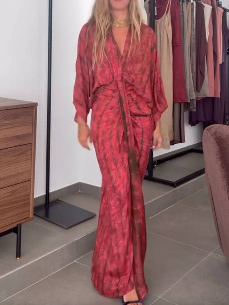 Bohemian Kimono-Inspired Tie-Dye Print Waist-Tie Maxi Dress