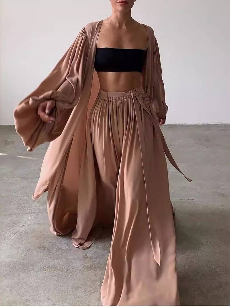 Long Shirt Wide Leg Pants Tube Top Three-piece Set