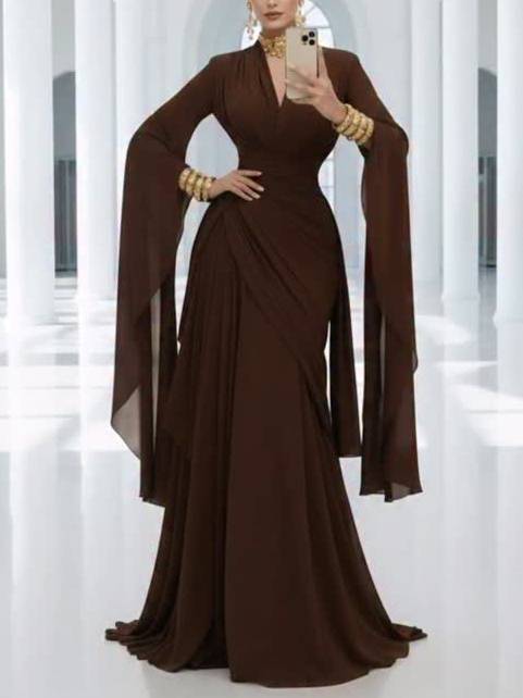 V-neck High-waisted A- Line Maxi Dress