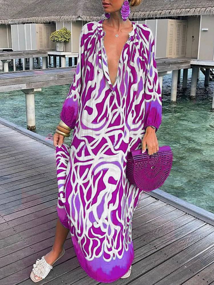 Printed V-neck Long-sleeved Loose Dress