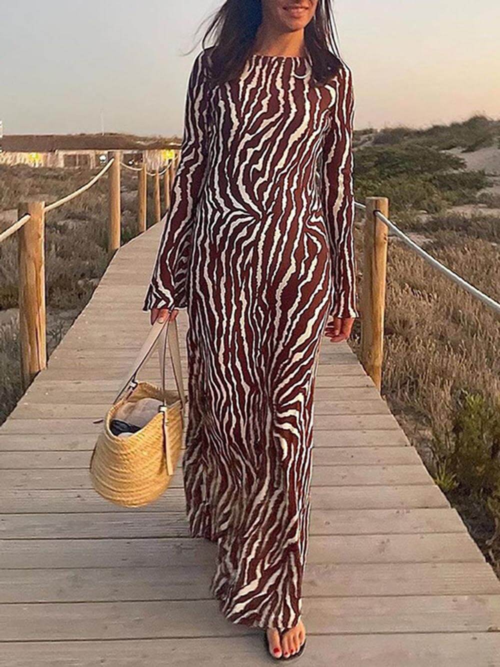 Unique Print Boat Neck Long Bell Sleeve Bias Cut Maxi Dress