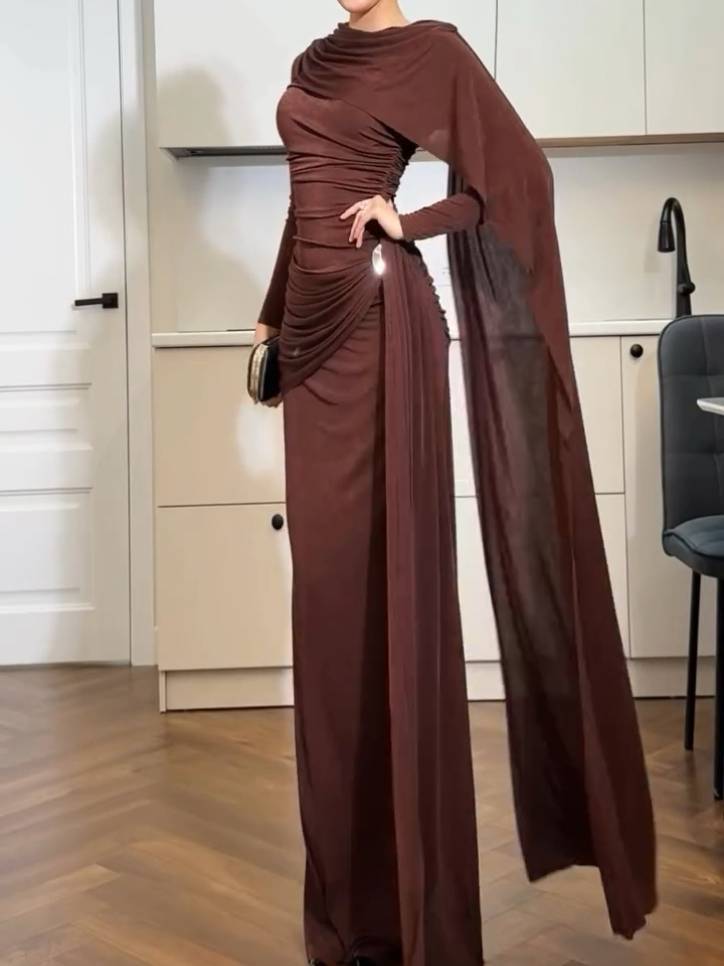 Irregular Shawl Ribbon Pleated Maxi Dress
