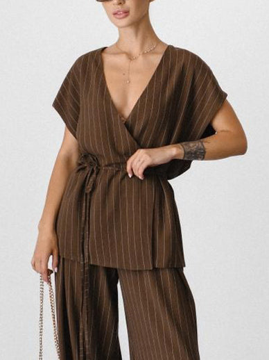 Elegant Pinstripe Wrap Belted Blouse