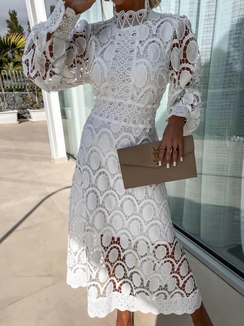 French Lace High-Neck Puff Sleeve Waist-Cinching Midi Dress