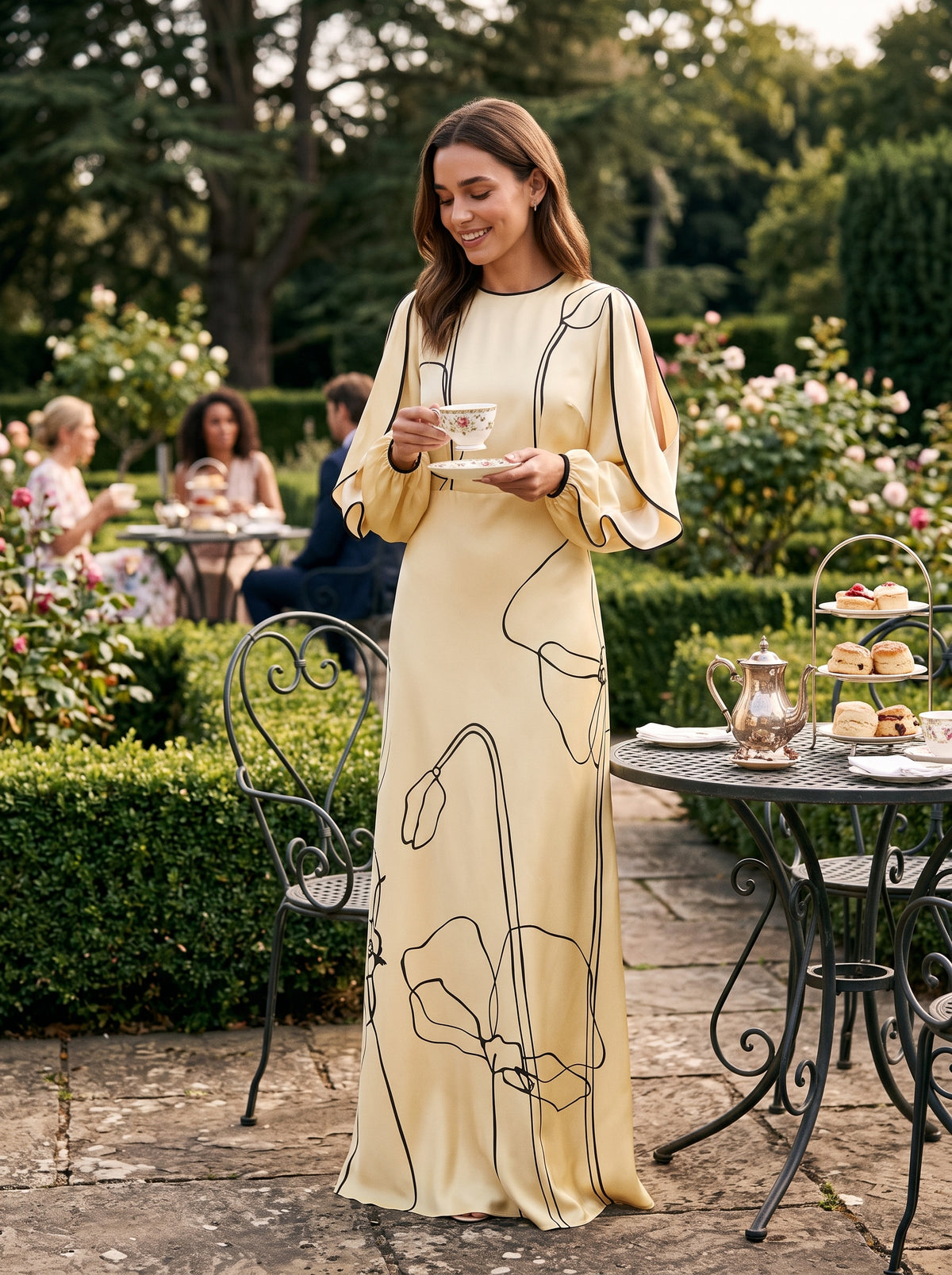 Delicate Ruffled Cutout Floral Print Satin Maxi Dress