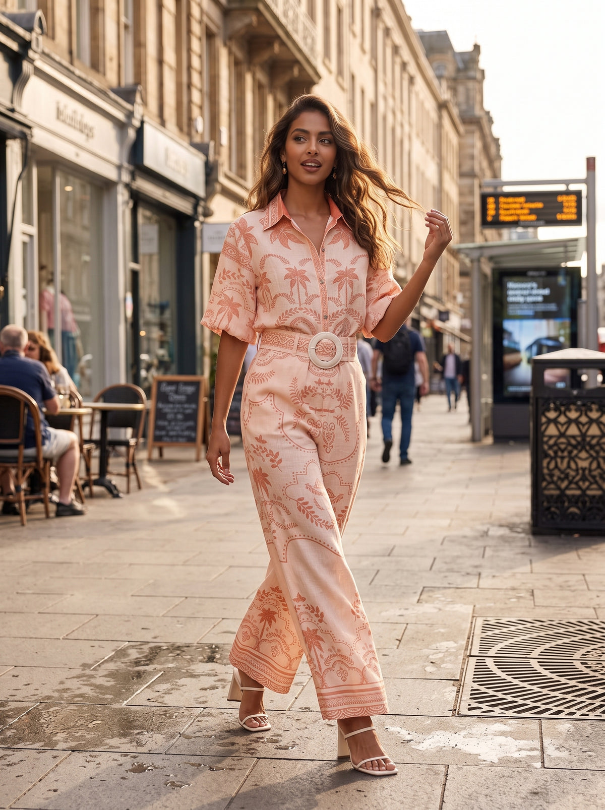Casual Temperament Printed Linen Short-Sleeved Top With Belt And Straight Pants Set