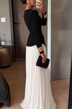 Elegant Long Sleeve Peplum Split Top and Pleated Maxi Skirt Two Piece Set [erp-image:0adf4c9e8fd58941ebd344c5]