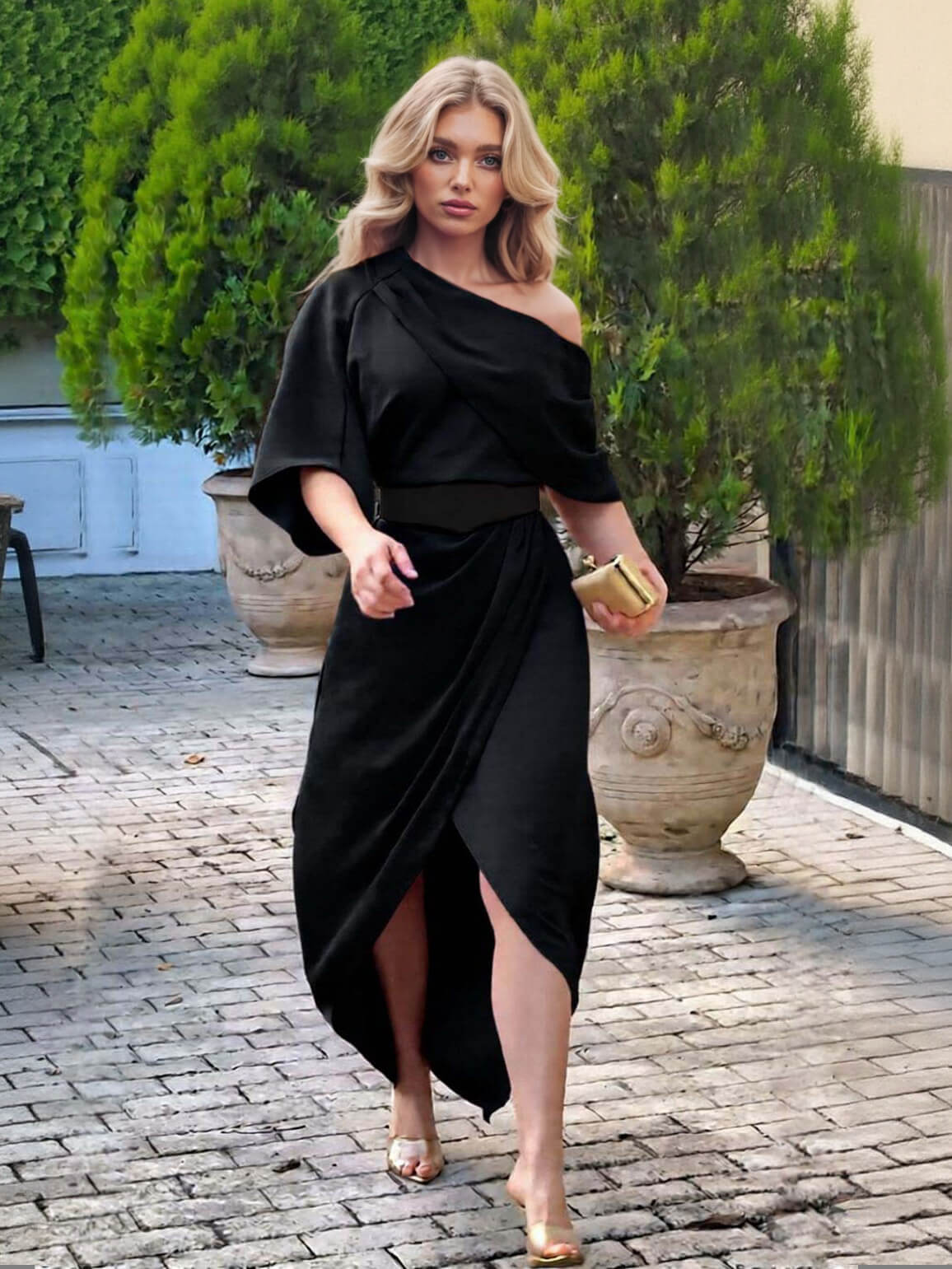 Exquisite Satin Irregular Lapel Neckline Design Ruched Maxi Dress