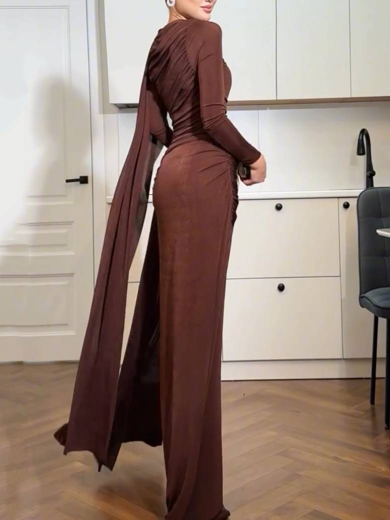 Irregular Shawl Ribbon Pleated Maxi Dress