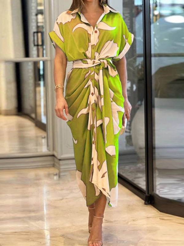 V-Neck Pleated Belt Short Sleeve Dress