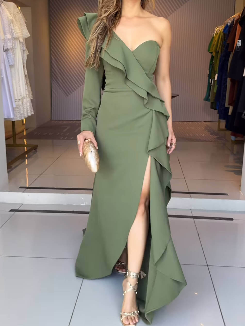 Elegant Layered Ruffled One-Shoulder Maxi Dress