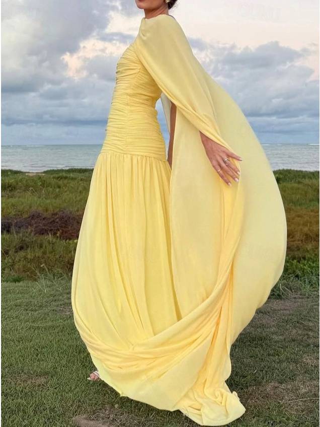 Shawl Ribbon Pleated Maxi Dress