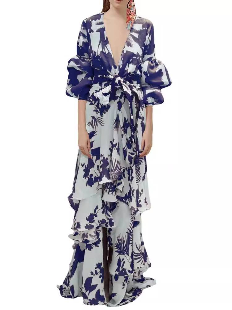 Unique Print Deep V Neck Dress
