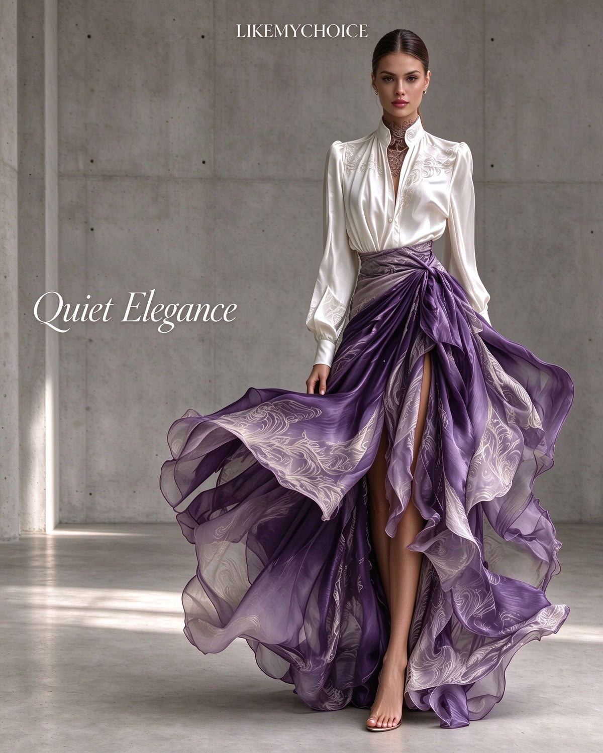 Two-piece Embroidered Satin Shirt With Vertical Collar Gradient Purple Kink Split Floating Dress