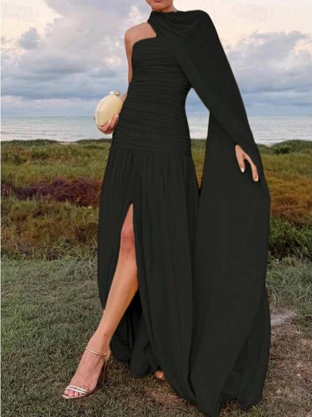 Shawl Ribbon Pleated Maxi Dress